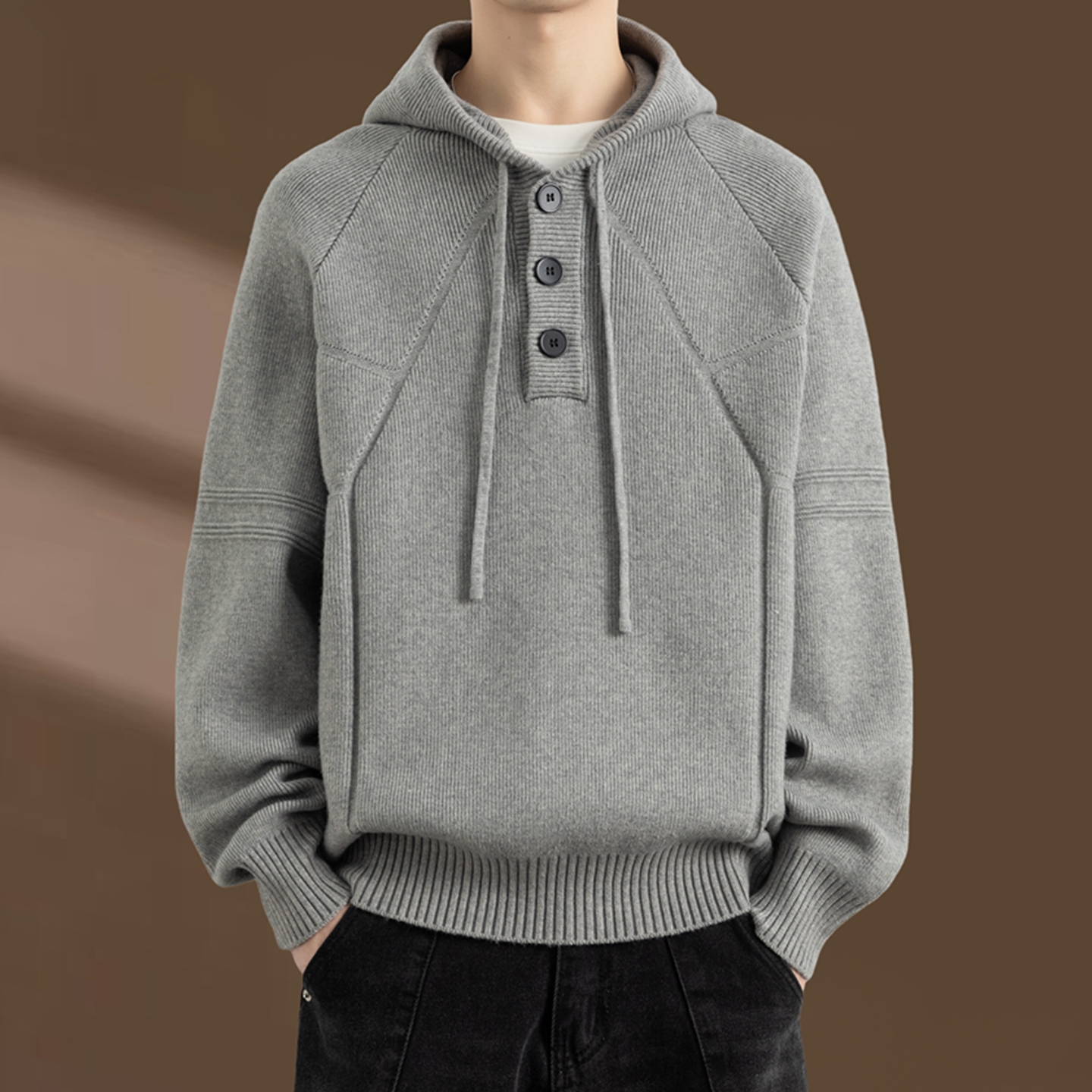 侨迪蒙拉三粒扣连帽高级感针织衫男秋冬季加厚内搭潮牌毛衣外套