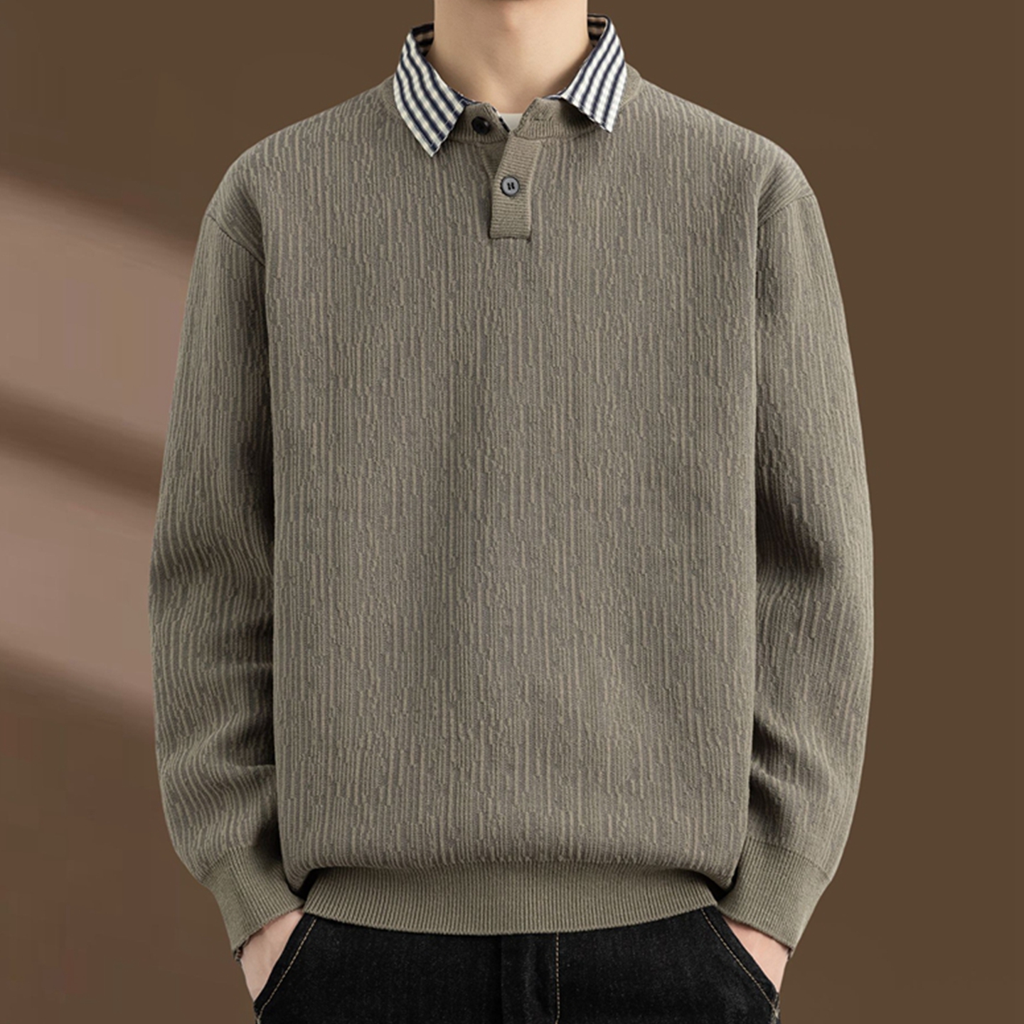 侨迪蒙拉高端衬衫领针织衫男秋冬季假两件保暖内搭加厚潮牌毛衣