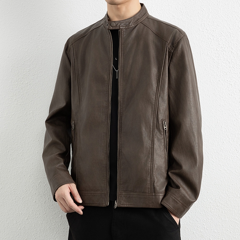 侨迪蒙拉一粒扣高端皮衣男士秋冬立领皮夹克百搭潮流PU皮外套春秋