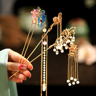 爆款发簪汉服流苏新中式步摇花朵u型簪子盘发古风后脑勺发景泰蓝