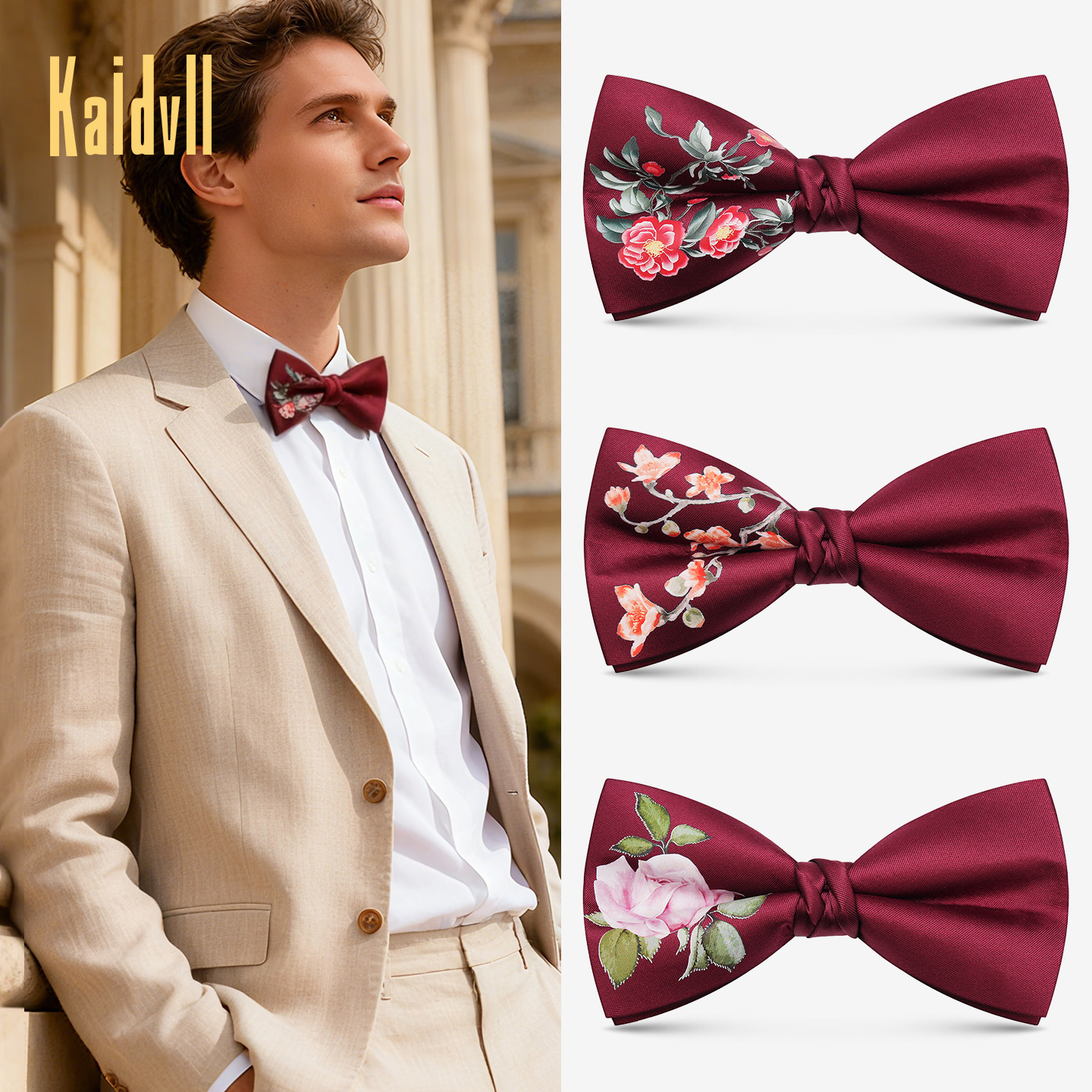 酒红色印花领结纯色领结婚礼男
