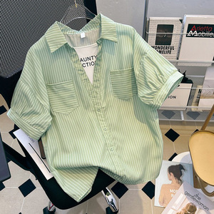 假两件条纹短袖衬衫恤夏季新款设计感小众翻领纯棉上衣