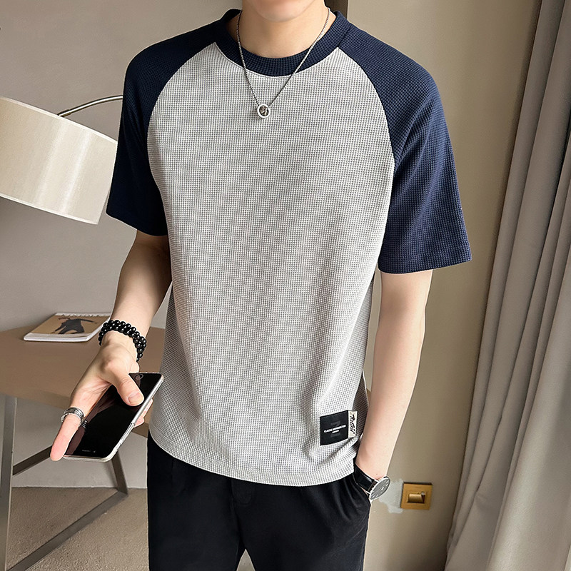 2023新款夏季短袖T恤男潮牌华夫格拼接半袖体恤A313-32342-P38,男装T恤,电商A313