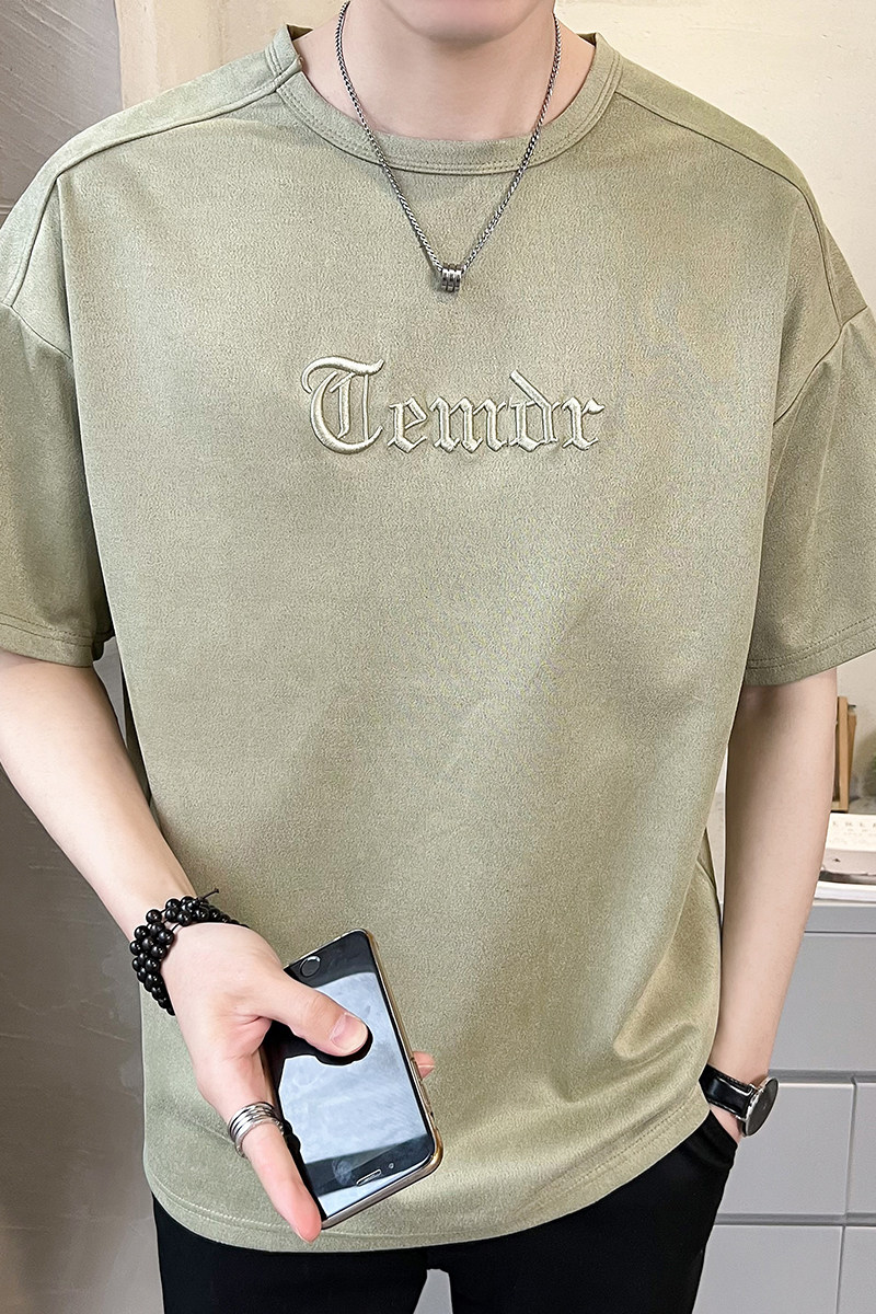 2023新款夏季短袖T恤男潮牌刺绣麂皮绒半袖A313-6906-P48控价69,男装T恤,电商A313