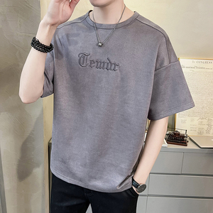 2023新款夏季短袖T恤男潮牌刺绣麂皮绒半袖 A313-6906-P48控价69图片