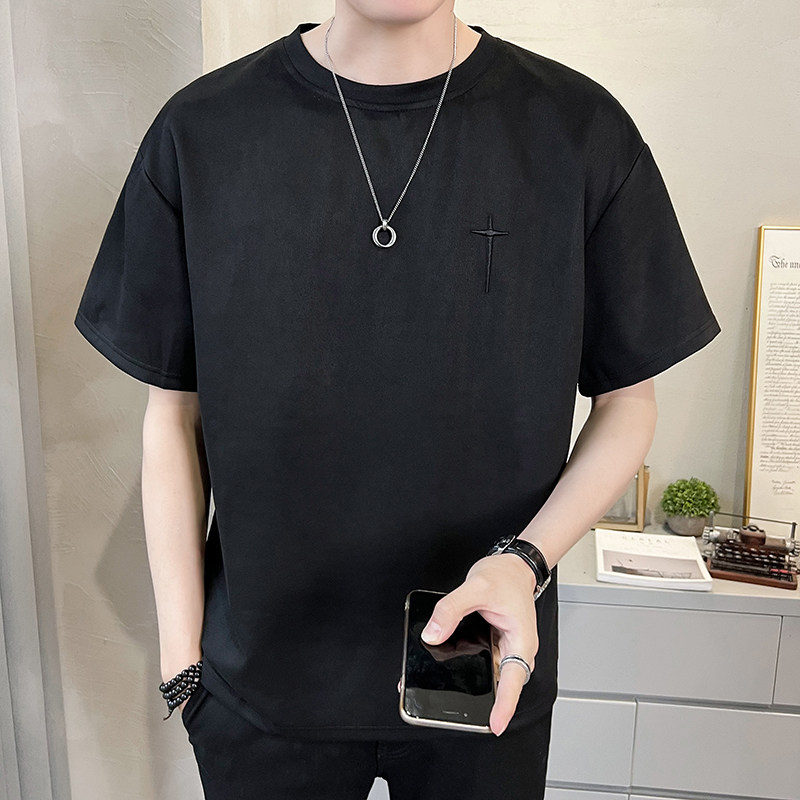 2023新款夏季短袖T恤男潮牌刺绣麂皮绒半袖 A313-5609-P48控价69图片