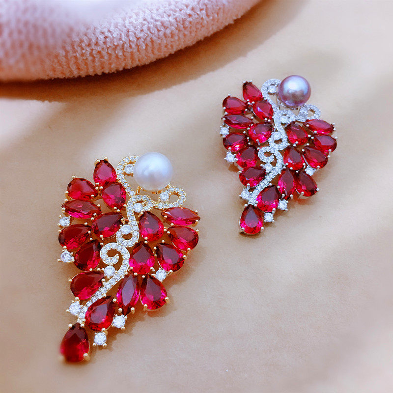 diy手工配件 微镶精工满锆红叶胸花女半成品托珍珠蜜蜡时尚胸针韩