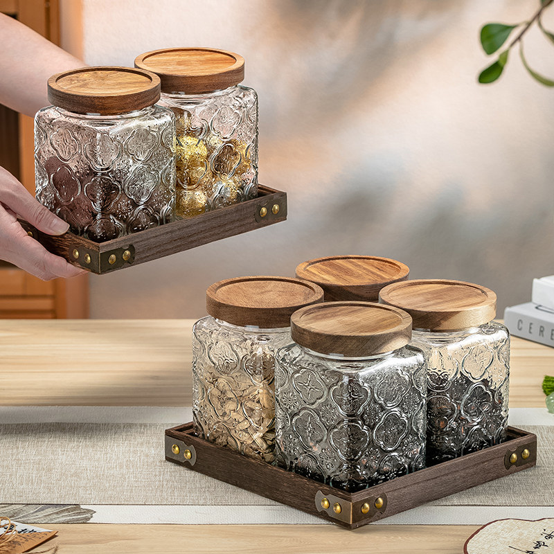 新中式窗花玻璃密封干果收纳盒家用客厅茶几瓜子坚果盘糖果零食盒