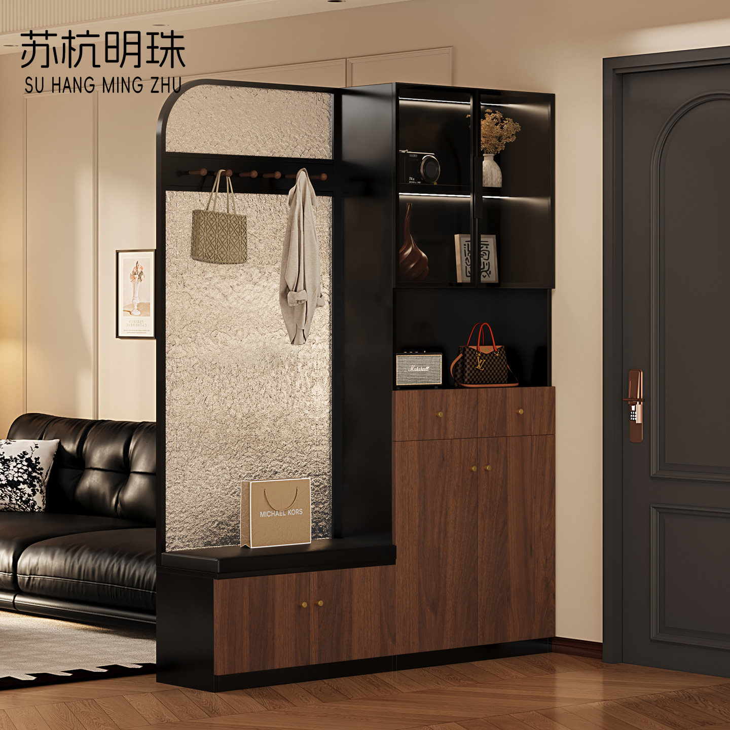 玄关柜正对门中古风实木鞋柜入户门隔断双面客厅屏风柜一体衣帽架