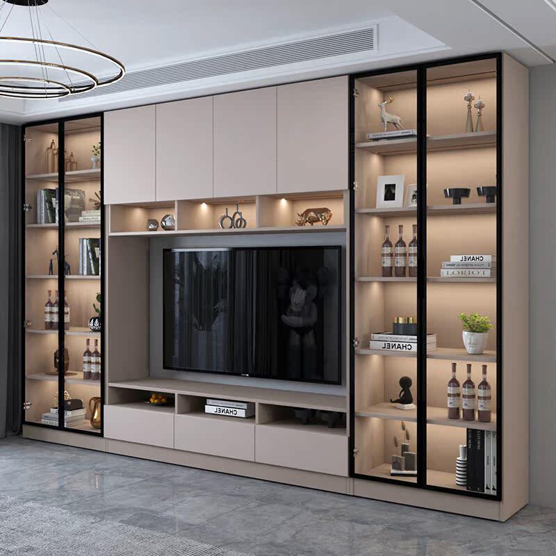 现代轻奢新款客厅大户型定制整体背景墙电视柜带灯高档满墙展示柜