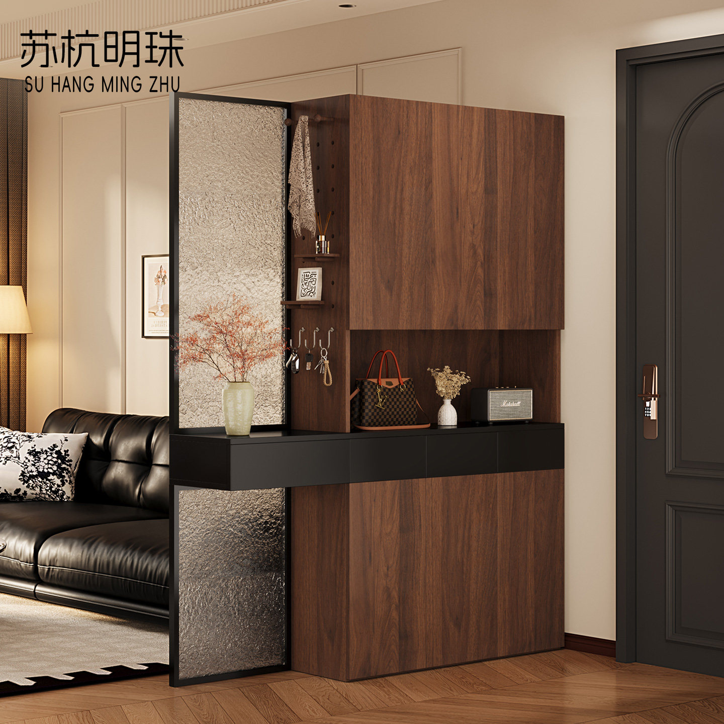 中古风玄关隔断玻璃屏风柜鞋柜一体胡桃木入户靠墙收纳柜国家补贴