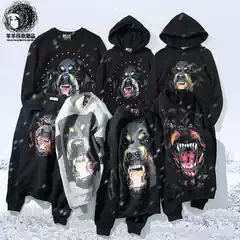 Autumn European and American Street Fashion Brand Fleece-Lined Printed Dog Head Sweatshirt for Women, Loose Round Neck, Unisex Couple Wear, Cotton
