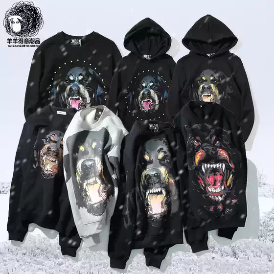 Autumn European and American Street Fashion Brand Fleece-Lined Printed Dog Head Sweatshirt for Women, Loose Round Neck, Unisex Couple Wear, Cotton