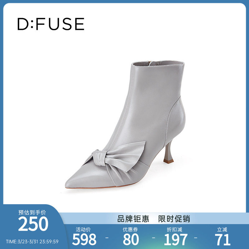 DFuse迪芙斯新款优雅蝴蝶结高跟踝靴女细跟短靴时装靴DF34116027