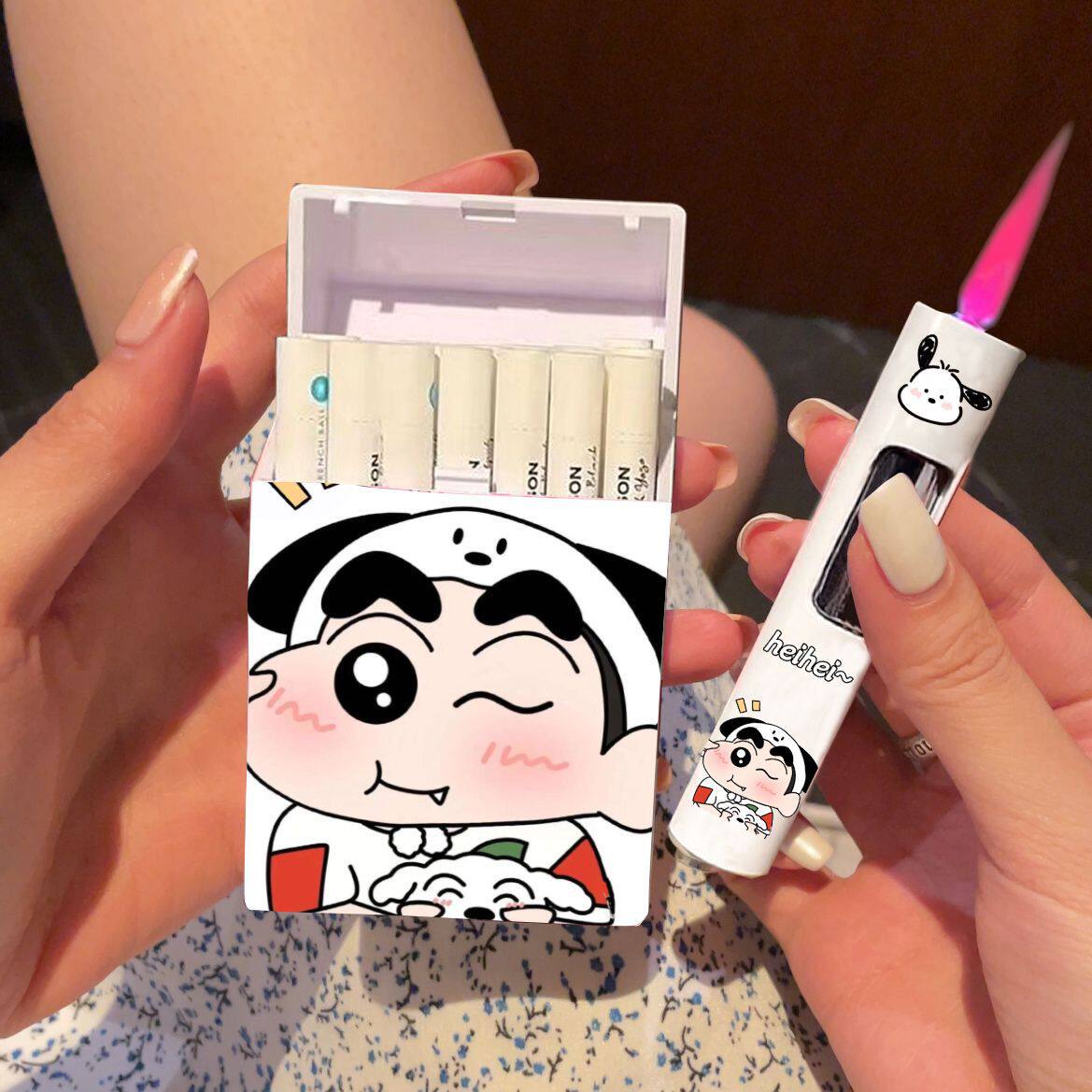 蜡笔小新打火机烟盒防风充气粉色火焰高颜值ins20支装送男友礼物