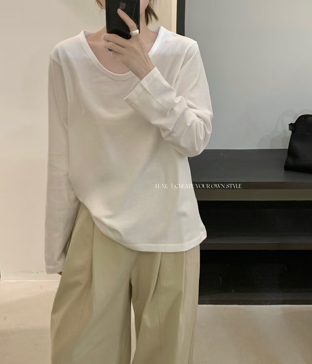 专柜品质 2025秋新款韩版简约纯色大领口长袖t恤女宽松百搭打底衫