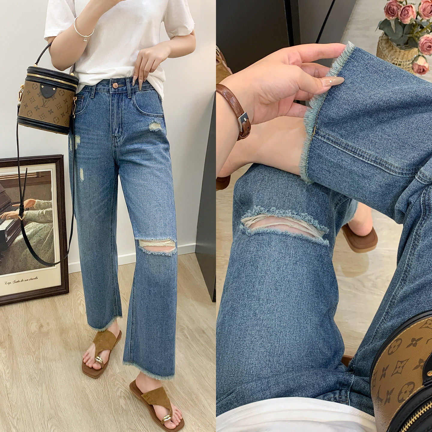 破洞毛边复古蓝直筒牛仔裤女宽松遮胯显瘦高腰遮肚藏肉阔腿九分裤,女装/女士精品,牛仔裤,淘宝优惠券,粉丝福利购,淘宝优惠卷