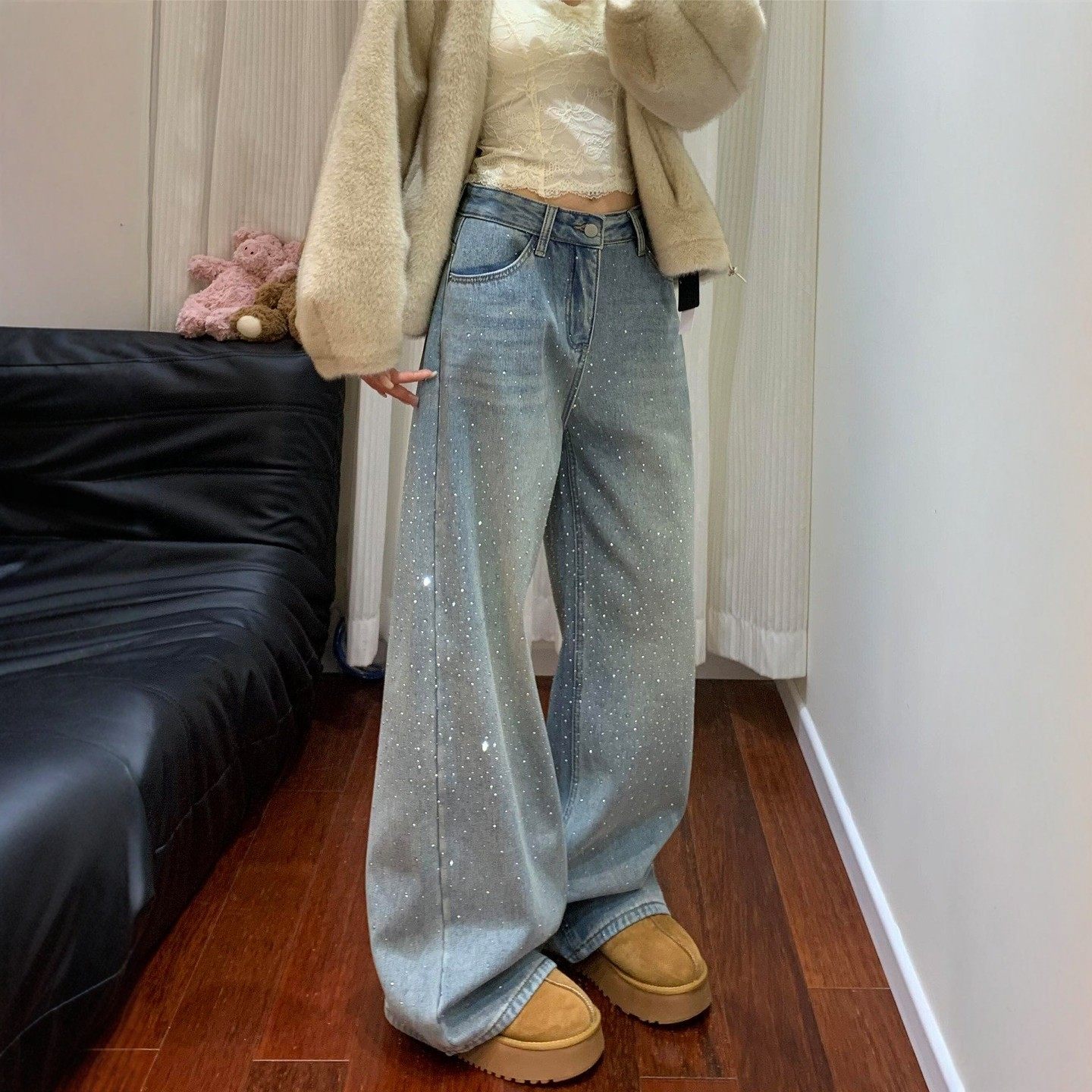 美式高街满天星烫钻阔腿牛仔裤女高腰遮肚胖妹妹mm宽松显瘦拖地裤,女装/女士精品,牛仔裤,淘宝优惠券,粉丝福利购,淘宝优惠卷