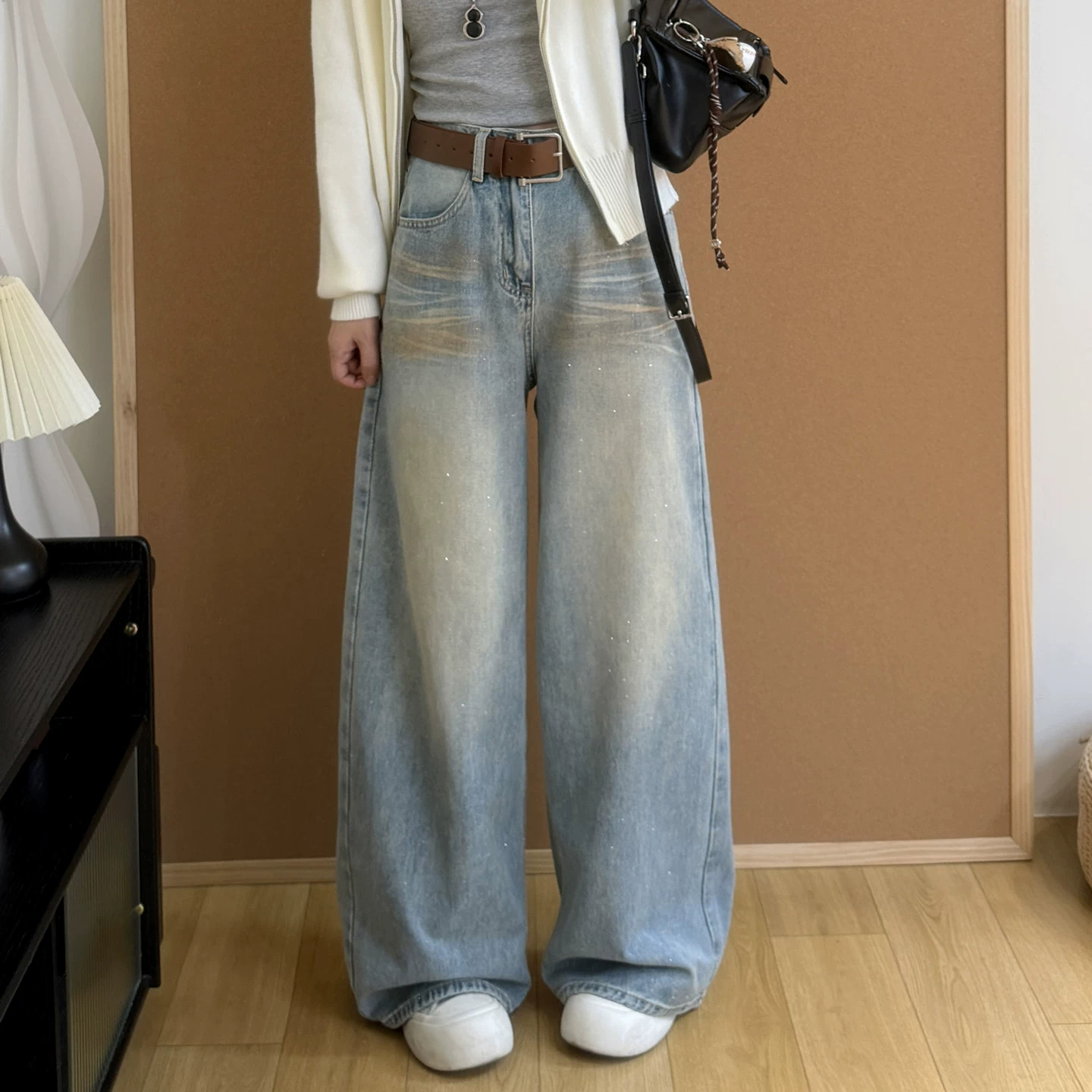 低调细闪做旧腮红阔腿牛仔裤女高腰宽松遮肉遮胯显瘦直筒拖地长裤