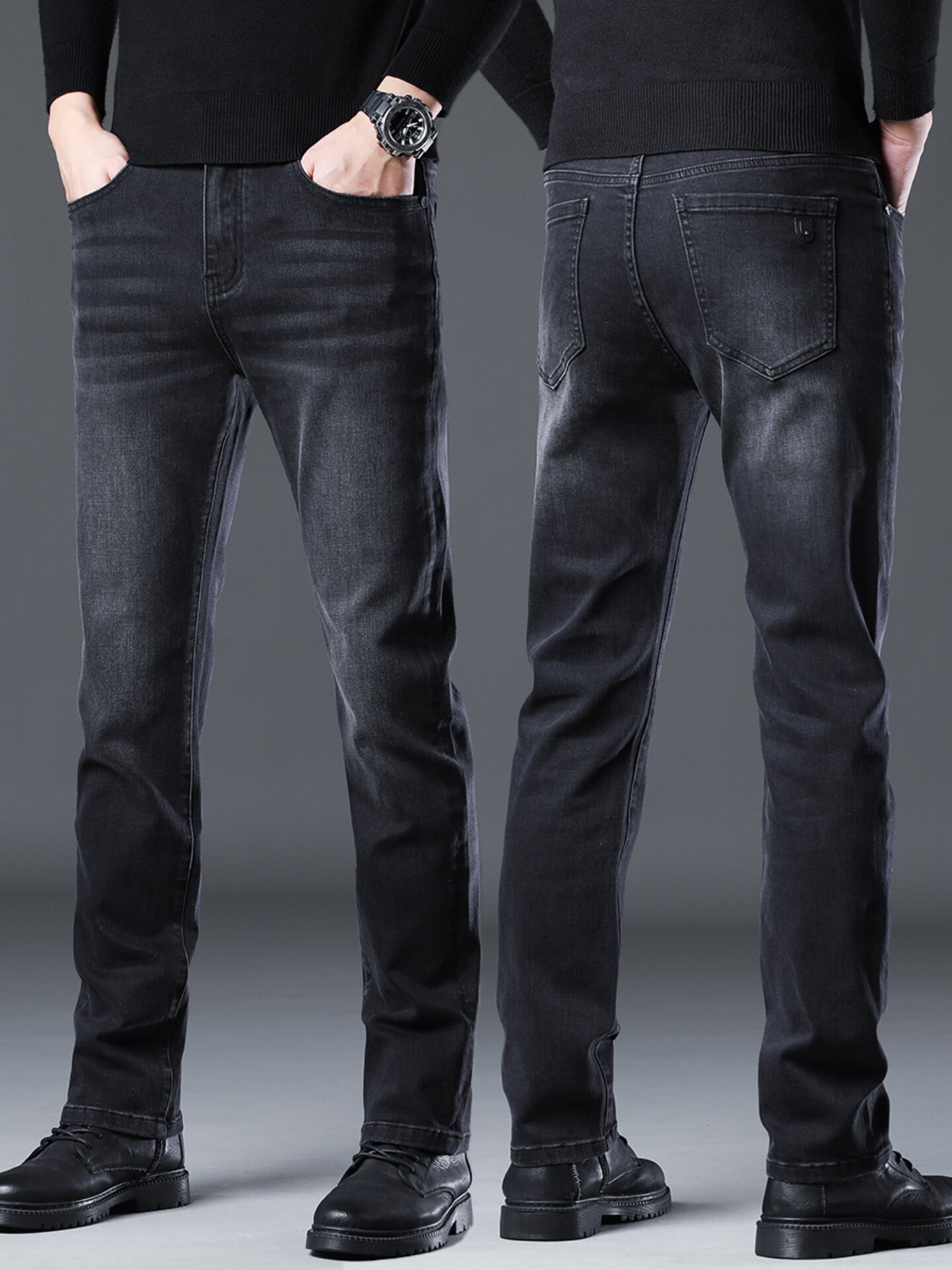 高端黑灰色牛仔裤男修身直筒2025秋冬新款弹力百搭男款休闲长裤子,男装,牛仔裤,淘宝优惠券,粉丝福利购,淘宝优惠卷