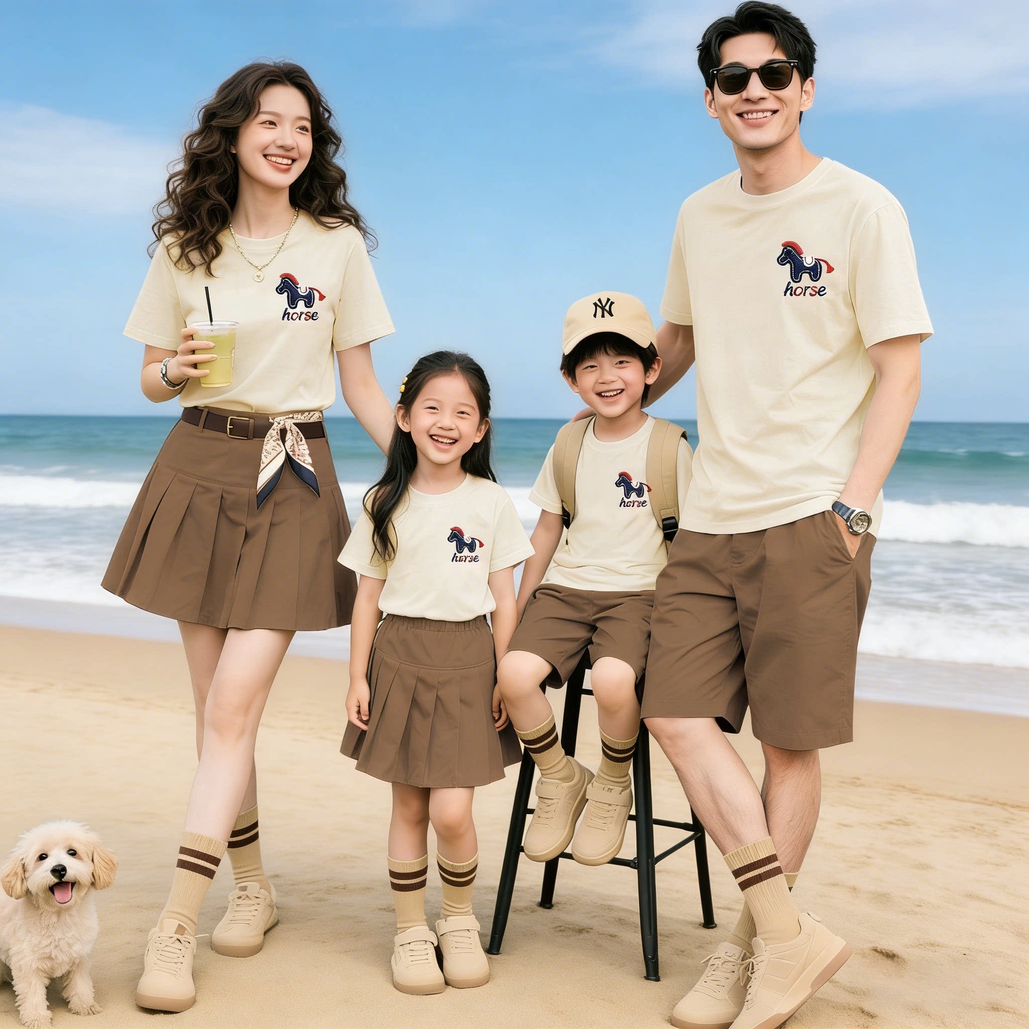 春夏亲子装 短袖T恤网红小马图案一家三口四口全家亲子上衣出游装