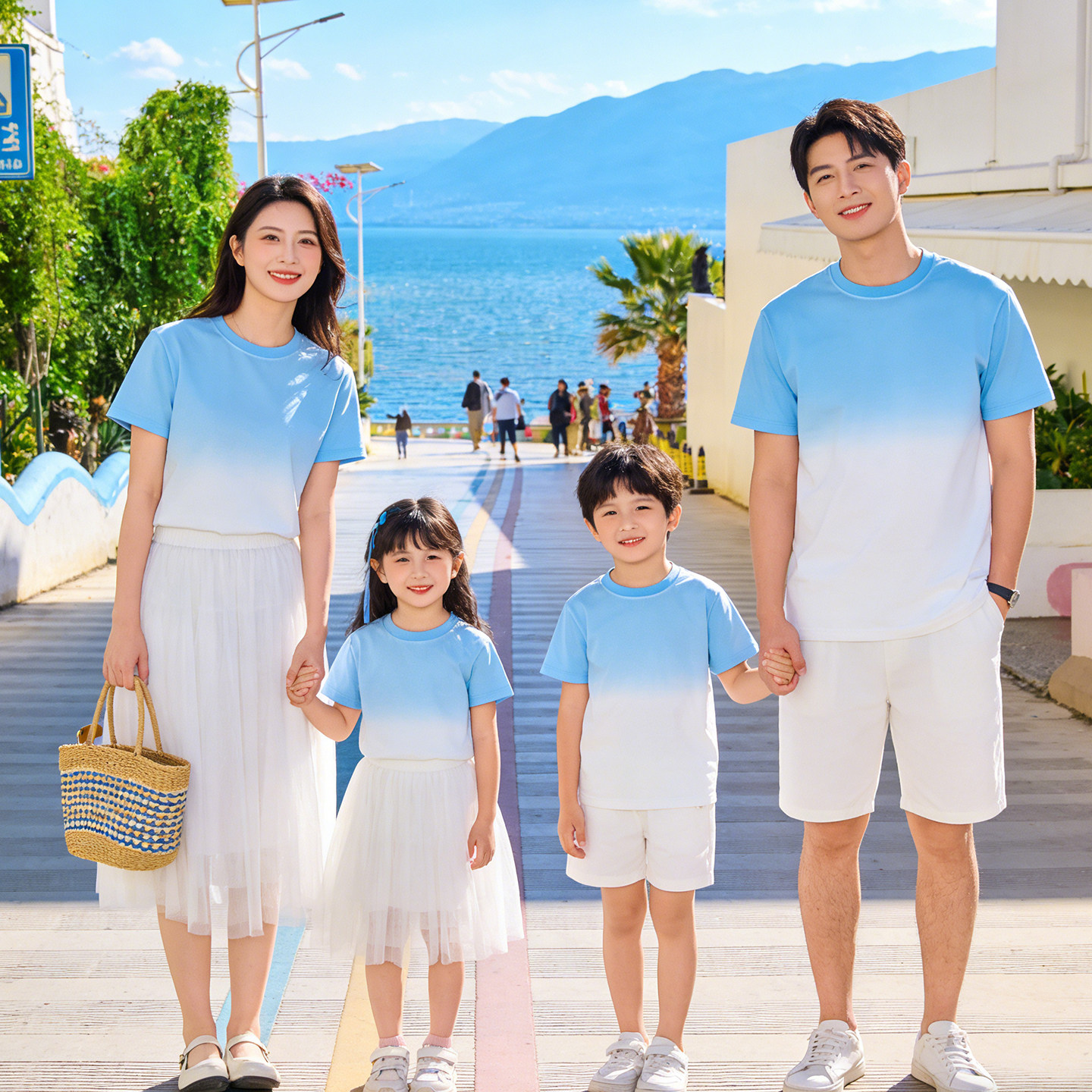 一家三口夏季渐变色沙滩T恤