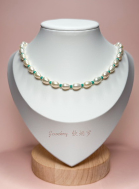 天然淡水极光米形珍珠项链松石绿