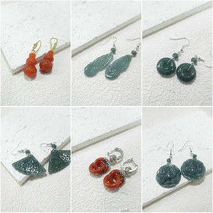 天然石耳环翡翠和田玉红翡碧玉欧泊耳坠女士原创设计葫芦镂空6422