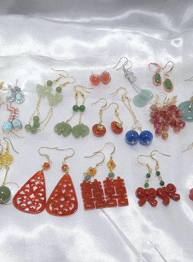 原创设计天然石耳环蝴蝶结花朵流苏几何红翡碧玉和田玉耳钉532001