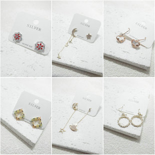 三件包邮!通体s925银耳环耳钉小巧爱心花朵流苏几何星月女士6402