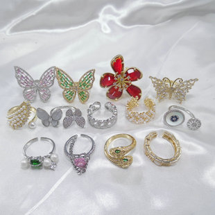 大厂货源夸张蝴蝶花朵彩色锆石戒指简约字母几何部分可调指环5373