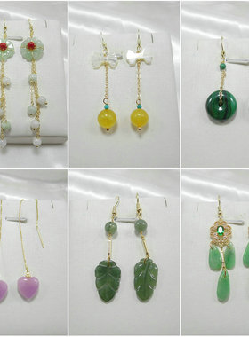 天然石耳环原创设计手工耳钉翡翠海蓝宝孔雀石植物花卉耳饰481006