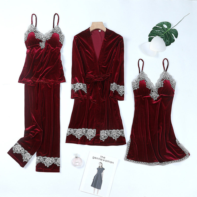 金丝绒性感睡衣女春秋季吊带睡裙蕾丝睡袍长裤四件套装秋冬家居服