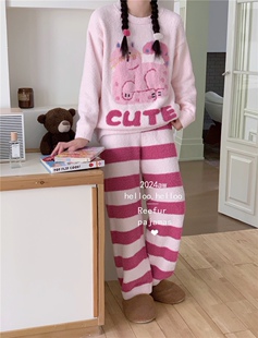 Reefur Rinka梨花家新款女圆领加厚保提花保暖富贵猫长袖套装家居