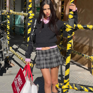 美式 面料半身裙春秋百搭甜酷性感辣妹低腰百褶超短裙 复古格纹西装