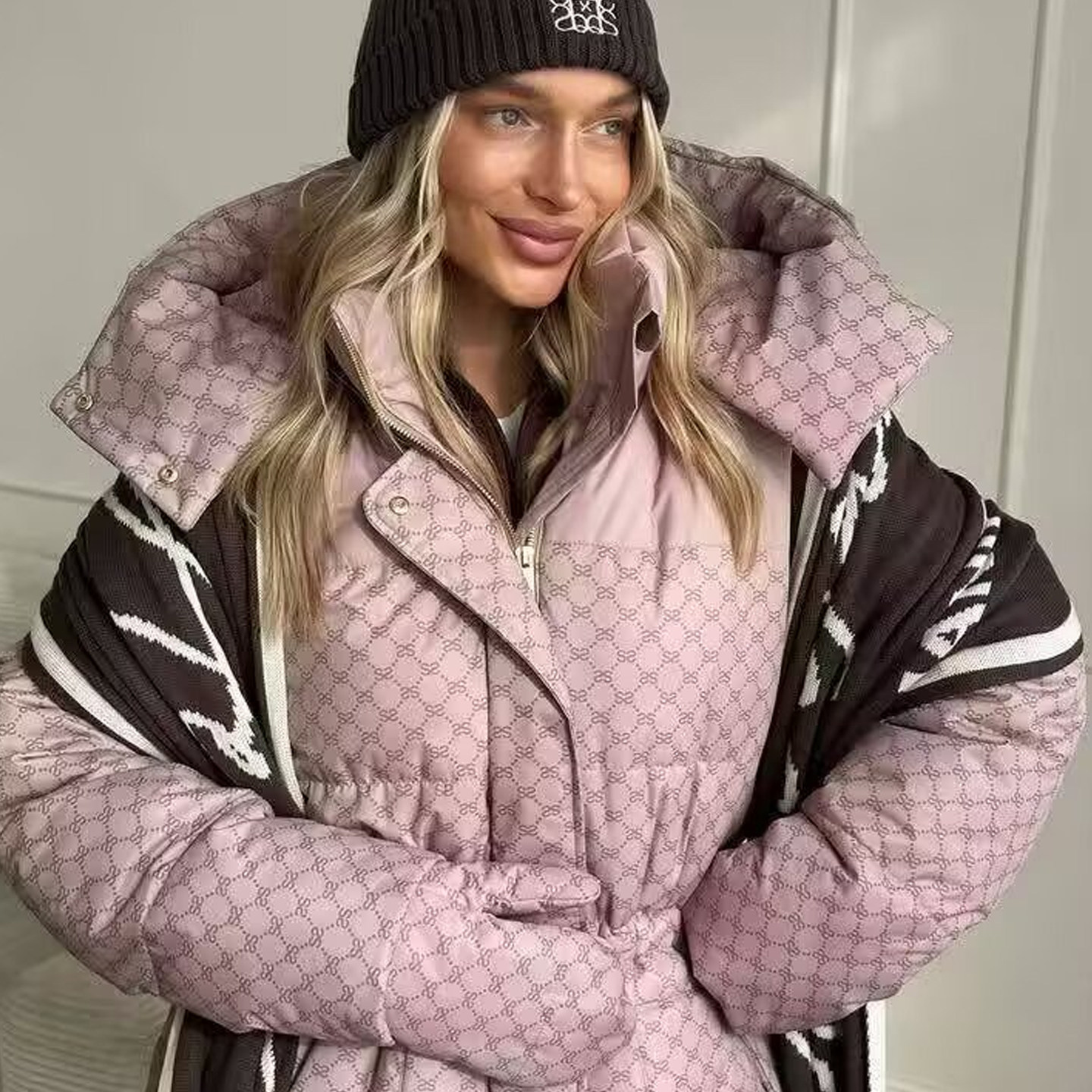 欧美风立领连帽抽绳收腰显瘦棉服保暖加厚印花外套面包服冬2025女