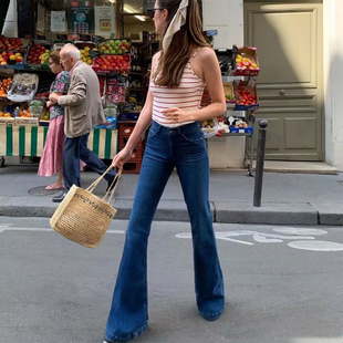 法式复古高腰弹力修身微喇叭牛仔裤女2025新款高个子加长拖地长裤