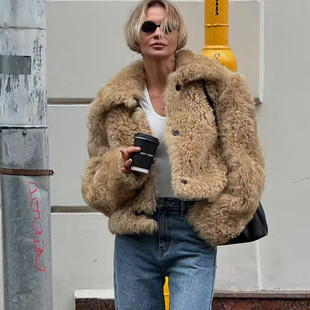 翻领泰迪熊卷毛仿皮草外套欧美风皮毛一体宽松短款夹克女秋冬2025