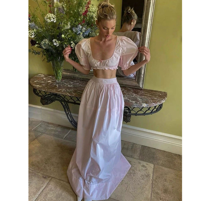 2025夏季度假风泡泡袖高腰长裙女