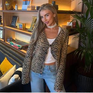 休闲深V领宽松长袖 女2025新款 毛衣外套 复古豹纹针织开衫 jaded美式