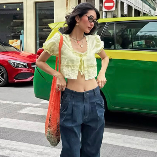 露脐宽松系带短袖蕾丝吊带开衫女