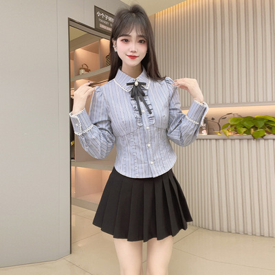 法式蝴蝶结蓝色连帽衬衫女