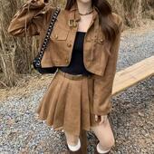 复古短款 棕色夹克开衫 外套百褶半身裙女2024秋季 美式 套装 两件套