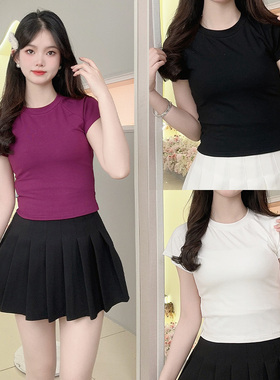 紫色正肩辣妹短袖T恤女夏薄款别致漂亮修身短款设计感小众上衣