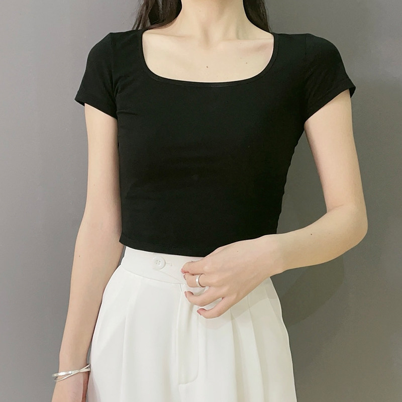 黑色短袖t恤女上衣短款短袖修身U领紧身短款高腰小个子露脐装上衣