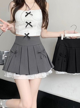 设计感百褶裙女灰色蕾丝花边拼接小众辣妹a字短裙2025新款半身裙