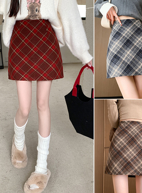 2025新款红色复古毛呢格子裙女秋冬高腰显瘦半身裙a字包臀短裙