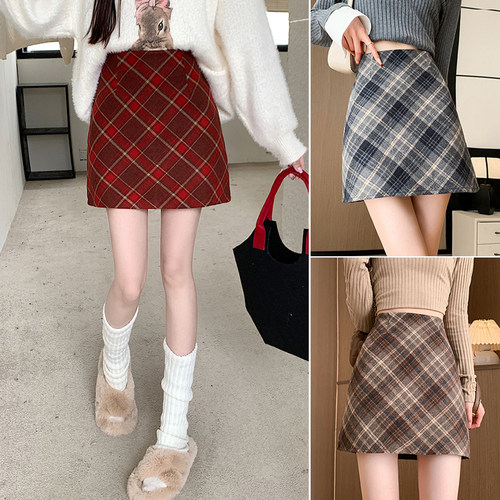 2025新款红色复古毛呢格子裙女秋冬高腰显瘦半身裙a字包臀短裙