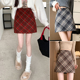 2025新款 红色复古毛呢格子裙女秋冬高腰显瘦半身裙a字包臀短裙