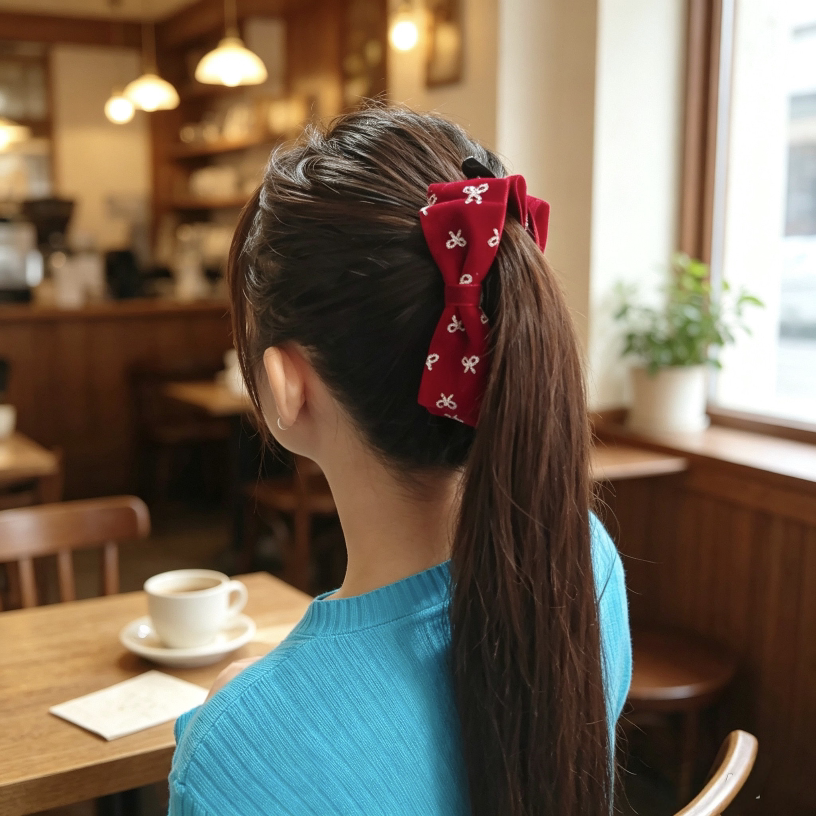 红色蝴蝶结印花香蕉夹女高马尾竖夹喜庆后脑勺盘发气质发夹子甜美